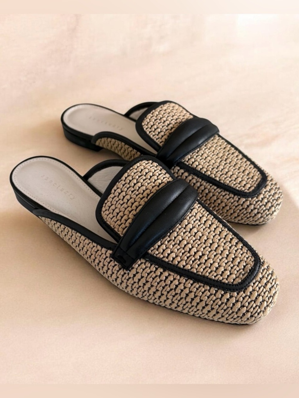 Sanctuary Woven’s Raffia Backless Loafers with Black Trim